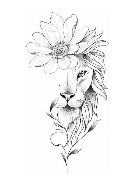 Lion Tattoo With Flowers, Simple Lion Tattoo, Lioness Tattoo Design, Lion Flower, Lion Art Tattoo, Lioness Tattoo, Lion Head Tattoos, Leo Tattoos, Lion Tattoo Design