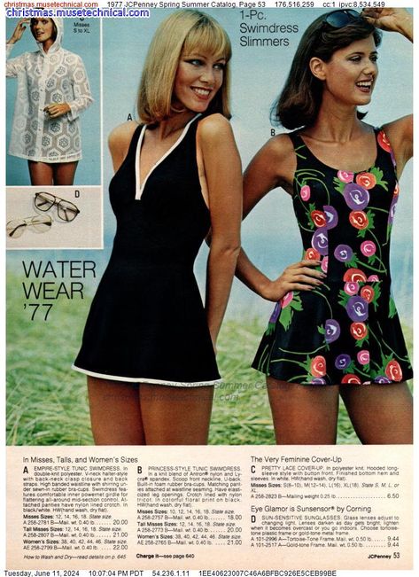 1977 JCPenney Spring Summer Catalog, Page 53 - Catalogs & Wishbooks 1970s Summer, 70s Women, Seventies Fashion, Vintage Swimwear, Vintage Inspiration, Swimming Costume, Gymnastics Leotards, Sporty Chic, Vintage Clothes