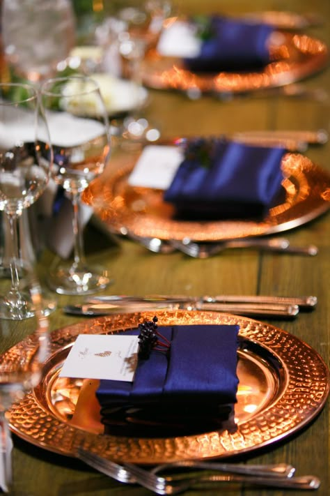 Cloud 9 | Copper and navy fall wedding | copper chargers Copper And Navy Wedding, Navy And Copper Wedding, Navy Fall Wedding, Navy Wedding Decor, Copper Wedding Theme, Copper Wedding Decor, Spruce Mountain Ranch, Wedding Lighting Ideas, Gold Wedding Reception