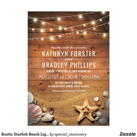 Rustic Starfish Beach Lights Tropical Wedding Invitation Beach Themed Birthday Party, Beach Destination Wedding Invitations, Beach Themed Birthday, Beach Lights, Palm Tree Wedding Invitations, Beach Theme Birthday, Nautical Birthday Party, Nautical Wedding Invitations, Tree Wedding Invitations