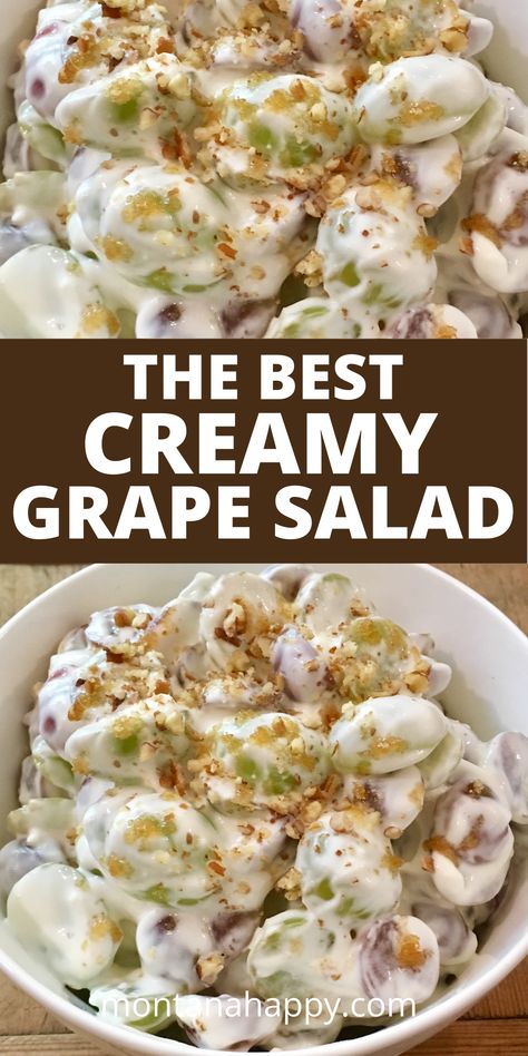 Creamy Grape Salad Recipe in white bowls Grapes Salad, Creamy Grape Salad, Grape Dessert, Pizza Fruit, Grape Salad Recipe, Salad Cream, Grape Recipes, Savory Meals, Grape Salad