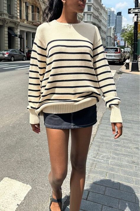 christmas 🎄🎅 | Val A Striped Sweater Outfit, Brandy Melville Sweater, Skirt Streetwear, Skirts Flowy, Retro Skirt, Drop Shoulder Sweater, Printed Pleated Skirt, Drop Shoulder Sweaters, Shoulder Sweater