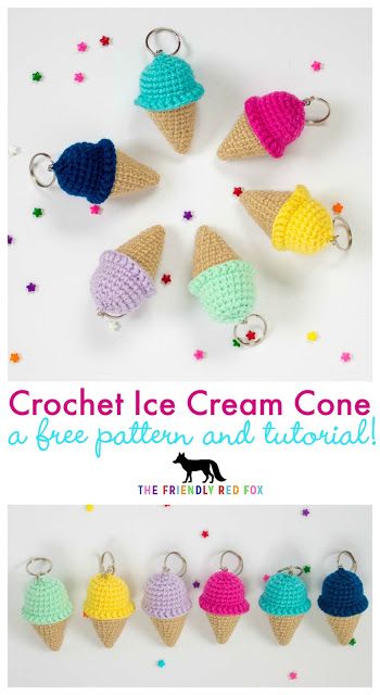 Free Crochet Keychain Pattern- Ice Cream Cone. Just two inches tall but a lot of cute! Perfect quick gift, or make some for yourselves! These crochet key chains are so fun to make you won't stop till you have one in every color! Crochet Ice Cream, Quick Crochet Gifts, Keychain Pattern, Crochet Book, Confection Au Crochet, Crochet Keychain Pattern, Pola Amigurumi, Crochet Food, Quick Crochet