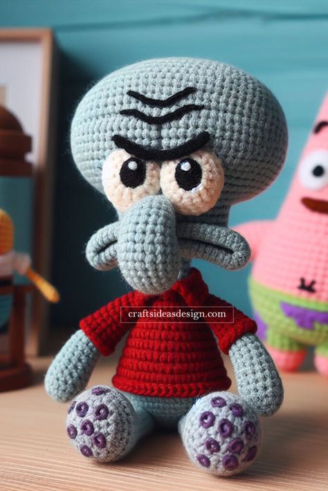 Disney Character Crochet Patterns, Crochet Squidward Free Pattern, Disney Characters Crochet, Crochet Characters Amigurumi, Crochet Squidward, Crochet Disney Characters, Crochet Smile, Amigurumi Characters, Crochet Cartoon