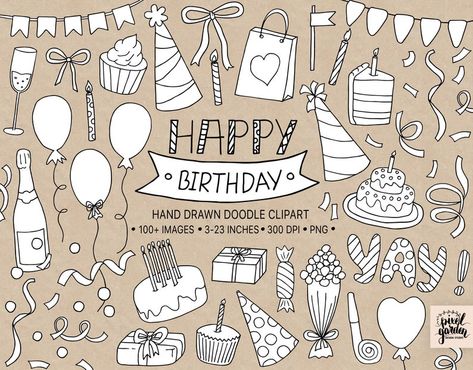 Hand drawn doodle birthday and celebration themed clipart set. Includes hand illustrated birthday cake, balloons, cupcakes with and without candles, birthday candles, bunting banners, birthday confetti, gift bags, gift boxes, flower bouquet and other birthday and celebration clipart images. Includes hand drawn birthday and celebration illustrations in black outline and with white filled background - 100+ images total. Ballon Illustration, Happy Birthday Doodles, Birthday Clip Art, Calendar Doodles, Banner Doodle, Doodle Clipart, Birthday Clip, Birthday Doodle, Balloon Illustration