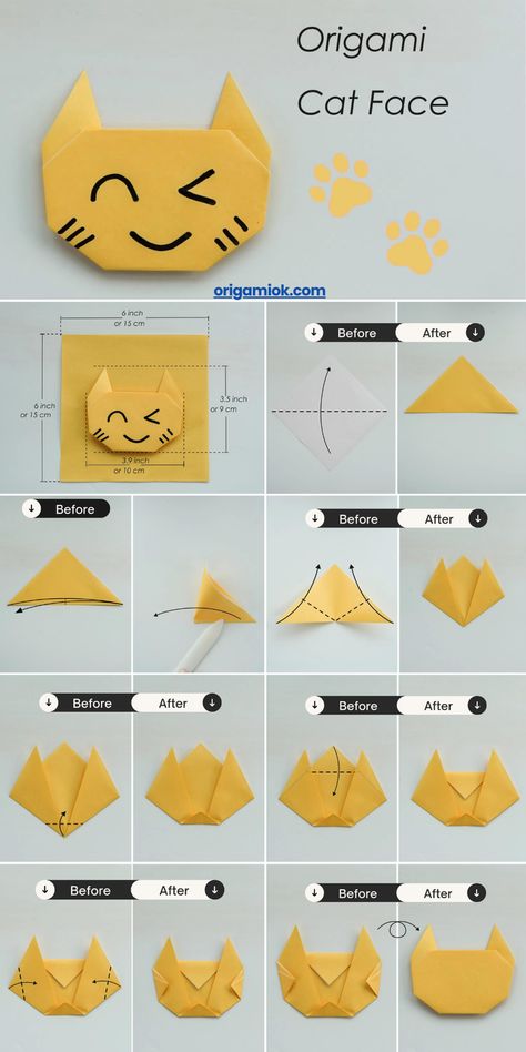 Animal Face is a lovely group of children-friendly origami ideas. You can finish this paper cat face within 10 minutes. It will have two lovely standing ear and a fact face. Cute Animal Origami, Origami Cat Easy, Origami Cat Instructions, Origami Animals Easy, Origami Dog Face, Origami Cat Face, Origami Instructions For Kids, Cat Origami, Craft Gift Ideas