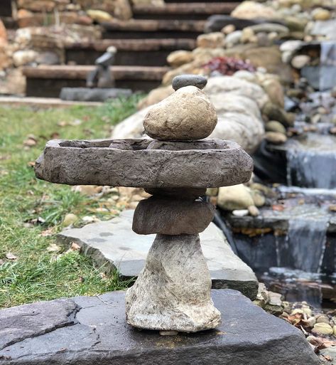 PRICES MAY VARY. Three Piece Birdbath - Combined weight 61 lbs Made of Glass Fiber Reinforced Concrete (GFRC) Multiple colors available (shown in CS- Chesapeake Stone) Measures (width x height x depth in inches): 18 x 21 x 15 The organic stacked rock bird bath sculpture is a concrete bird bath that best resembles natural stones stacked along the rustic creek bed. This is a three piece cast stone bird bath, base, bowl & decorative stone top. Easy assembly and gives the appearance of balancing roc Rock Bird Bath, Balancing Rocks, Rock Balancing, Stone Bird Baths, Concrete Bird Bath, Stone Cairns, Hosta Gardens, Front Garden Landscape, Bird Bath Fountain