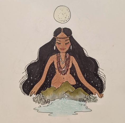 Indigenous Drawing, Indigenous Women Art, Indigenous Woman Drawing, Indigenous Watercolor Art, Indigenous Mermaid, Missing Indigenous Women Art, Star Goddess, Indigenous Women, Spirit Art