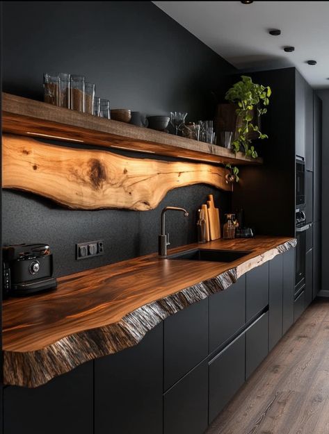 Tiny Kitchen Design, Elegant Kitchen Design, Kitchen Improvements, Tiny House Kitchen, House Design Kitchen, Wood Countertops, Tiny Kitchen, Black Kitchens, Wood Kitchen