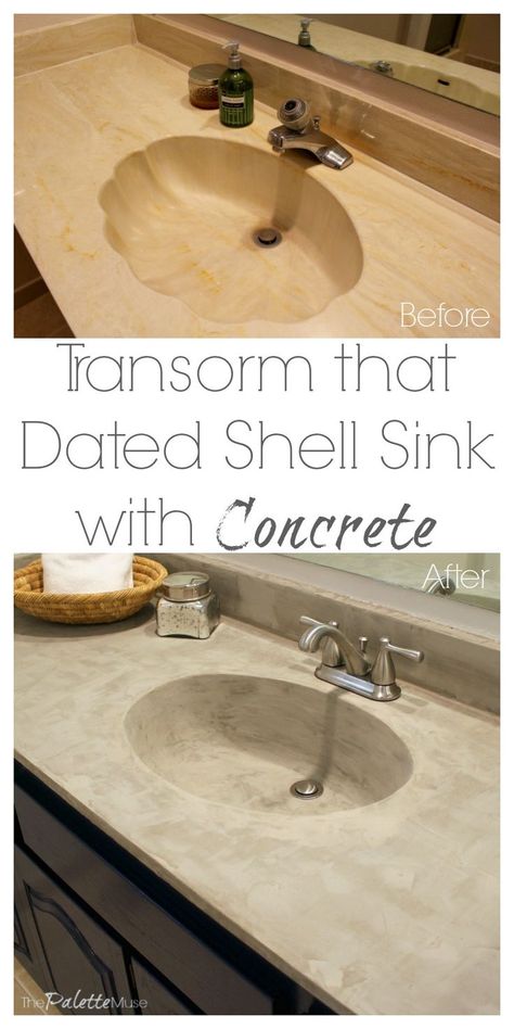 You've seen concrete countertop makeovers, but did you know you can use the concrete to fill in a scalloped shell sink? Save hundreds with this DIY secret! Shell Sink, Bathroom Sink Diy, Concrete Countertops White Cabinets, Countertop Makeover, Concrete Countertops Kitchen Diy, Concrete Countertops Colors, Concrete Countertops Bathroom, White Concrete Countertops, Concrete Countertop