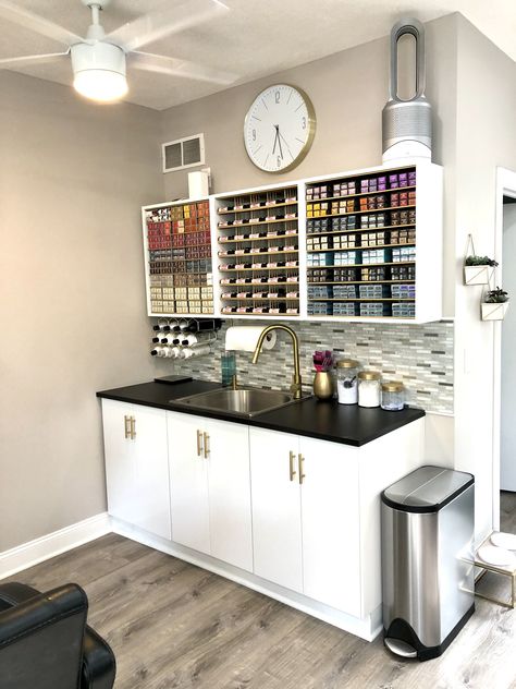 Laundry Room Hair Salon Ideas, Color Bar Storage Ideas, Interior Design For Hair Salon, Salon From Home Ideas, Refreshment Station Salon, Shampoo Bowl Cabinet Ideas, Hairsalon Color Bar, Home Salon Color Bar, Hair Salon Mixing Station