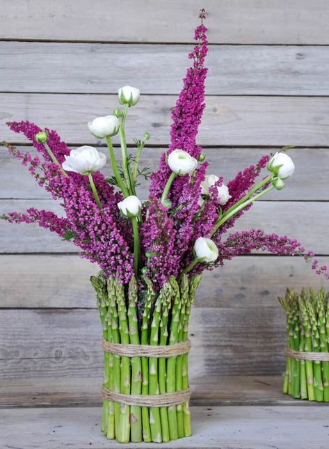 Out of the Box Decorating Ideas for Spring - California Grown Box Decorating Ideas, Vegetable Bouquet, Above The Rim, Candle Arrangements, Fresh Asparagus, Flower Arrangements Diy, Cylinder Vase, Flower Arranging, Beautiful Candles