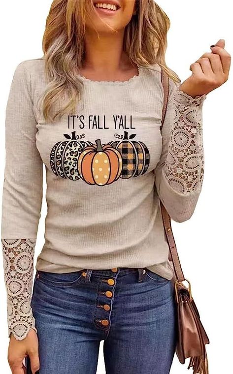 Apple Picking Outfit, Polka Dot Pumpkin, Clothing Shopping, Round Neck Shirt, Lace Top Long Sleeve, Lace Material, Pumpkin Shirt, Men's Clothes, Tops Fall