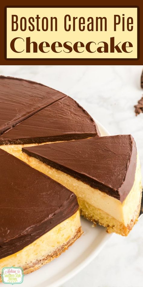 This Boston Cream Pie Cheesecake features a layer of cake nestled under a creamy vanilla cheesecake filling covered with a chocolate ganache. #cheesecake #bostoncreampie #bostoncreampiecheesecake #bostoncreamrecipes via @melissasssk Ganache Cheesecake, Chocolate Ganache Cheesecake, Boston Creme Pie, Boston Cream Cake, Pie Cheesecake, Cream Cheesecake, Boston Cream Pie, Vanilla Cheesecake, Chocolate Cream Pie