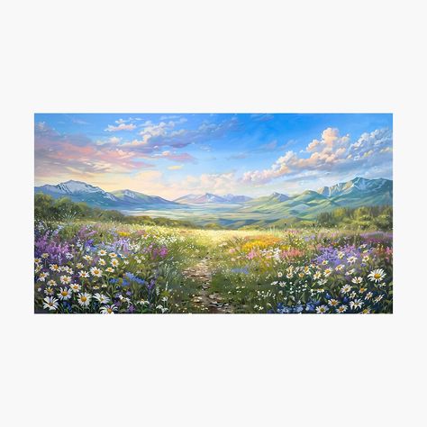 Get my art printed on awesome products. Support me at Redbubble #RBandME: https://www.redbubble.com/i/photographic-print/Dreamy-Landscape-Painting-Endless-Field-with-Wildflowers-and-Distant-Mountains-by-jozefinszucs/160582298.6Q0TX?asc=u Distant Mountains Landscapes, Wildflower Landscape Painting, Mountain Landscape Photography Horizontal, Landscape Paintings Horizontal, Endless Field, Floral Landscape Painting, Horizontal Painting, Distant Mountains, Mountain Landscape Photography