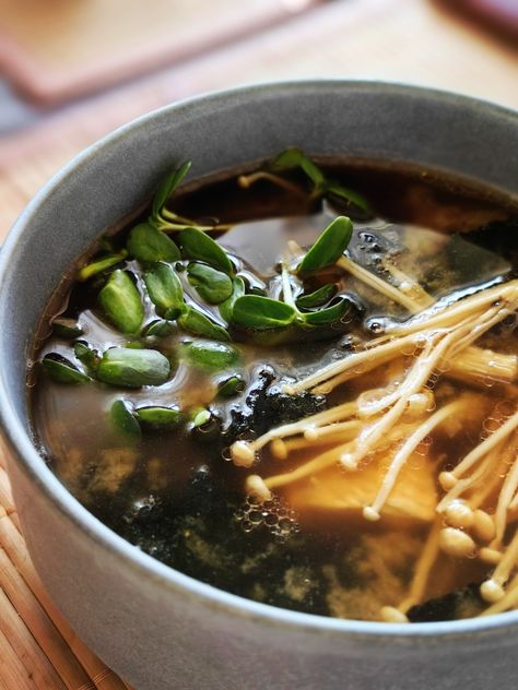 Miso soup, nori, fish, enoki mushrooms Enoki Soup, Mushrooms Soup, Enoki Mushrooms, Miso Soup, Mushroom Soup, Stuffed Mushrooms, Fish, Quick Saves