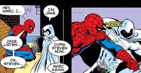 Spider Man Moon Knight, Spider Man And Moon Knight, Moon Knight Comics Funny, Moon Knight Spiderman, Moonknight Spiderman, Moon Knight And Spiderman, Marvel Comics Panels, Moon Knight Funny, Moon Knight Memes