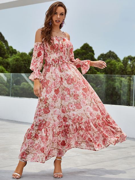 Pink Chiffon Dress, Chiffon Floral, Pink Chiffon, Chiffon Long Sleeve, Pink Boho, Flounce Sleeve, Floral Chiffon, Printed Ties, Women Dresses