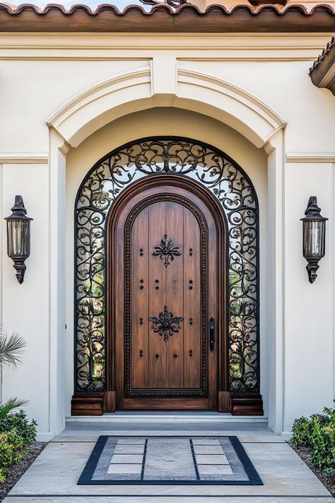 40 Captivating Mediterranean Revival Architecture Houses Mediterranean Home Entrance, Mediterranean Door Design, Tuscan Doors Front Entry, Mediterranean Style Front Door, Rounded Door Frame, Round Top Front Door, Grand Front Door Entrance, House Doors Front Entrance, Mediterranean Foyer