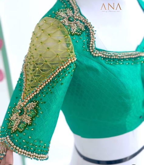 Green Pattu Blouse Designs, Embroidery Design Blouse, Self Embroidery, Mustard Blouse, Silk Saree Blouse Designs Patterns, Netted Blouse Designs, Long Blouse Designs, Aari Design, Blouse Designs High Neck