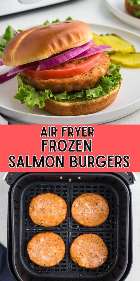 Air fryer frozen salmon burgers go straight from the freezer to your table, and are juicy and delicious, in less than 20 minutes! Frozen Salmon Burgers In Air Fryer, Frozen Salmon Patties In Air Fryer, Frozen Salmon Burgers, Air Fryer Frozen Salmon, Costco Salmon, Cook Frozen Salmon, Fried Salmon Patties, Salmon Burger Recipe, Tuna Burgers