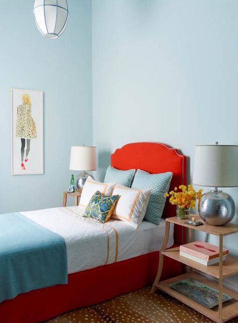 pale blue walls and a red headboard Red Upholstered Bed, Red Headboard, Katie Ridder, Orange Bedroom Decor, Red Bedroom Decor, Vintage Inspired Bedroom, Blue Bedroom Walls, Guest Bedroom Design, Light Blue Walls