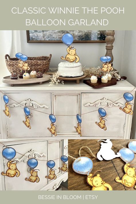 Photo header: Classic Winnie the Pooh Balloon Garland
Footer: Bessie in Bloom | Etsy
Photo Collage: A dessert table setup with a white cake and Winnie the Pooh holding onto a big blue balloon cake topper. Mini cupcakes are topped with the same design. Across the bottom on the table is a string of garland with the same design. The garland has 6 pieces. There are two photos on the bottom that show up close images of the garland (garland is also one-sided) Pooh Dessert Table, Winnie The Pooh Balloon Garland, Winnie The Pooh Dessert Table, Winnie The Pooh Banner, Winnie The Pooh Balloon, Pooh Balloon, Birthday Party Dessert Table, Blue Balloon Garland, Dessert Table Decorations