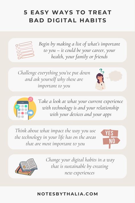 5 Easy Ways to Treat Bad Digital Habits Infographic | Social Media Detox New Year Goals 2023, Social Media Detoxing, Infographic Social Media, Goals 2023, Digital Minimalism, 2023 Goals, Enjoy The Weekend, Year Goals, Personal Mission