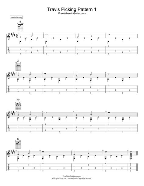 Two Basic Travis Picking Patterns - Tab | FreeWheelinGuitar.com Pentatonic Scale Guitar, Fingerstyle Guitar Lessons, Guitar Lessons Fingerpicking, Learn Drums, Learn Guitar Songs, Basic Guitar Lessons, Easy Guitar Tabs, Music Theory Guitar, Guitar Lessons Songs