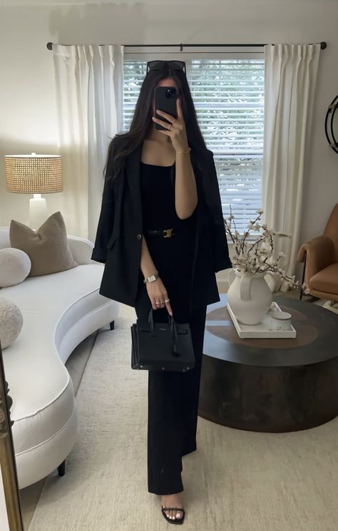 Fancy Black Outfit Classy, Black Jumpsuit And Blazer Outfit, Rich Woman Outfits Classy Elegant Dress, Mafia Boss Wife Aesthetic, Black Suit For Women Aesthetic, Wife Outfits Classy, Black Outfit Aesthetic Classy, Dark Classy Aesthetic Outfits, Classy Black Outfits For Women