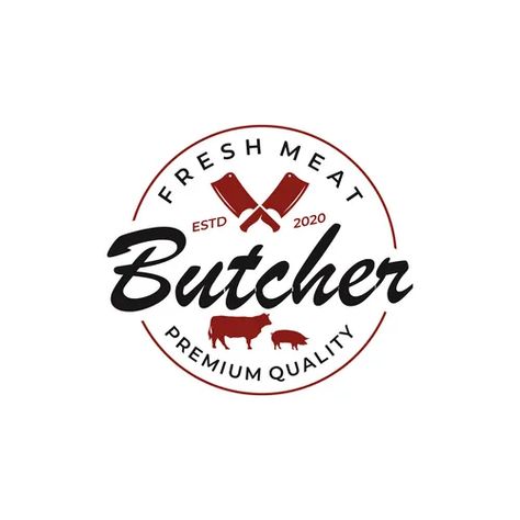 Butcher meat shop badge or label with pig pork Vector Image Knife Silhouette, Vintage Typography Logo, Butcher Meat, Meat Butcher, Typography Logo Design, Market Restaurant, Meat Shop, Pork Steak, Logo Design Typography