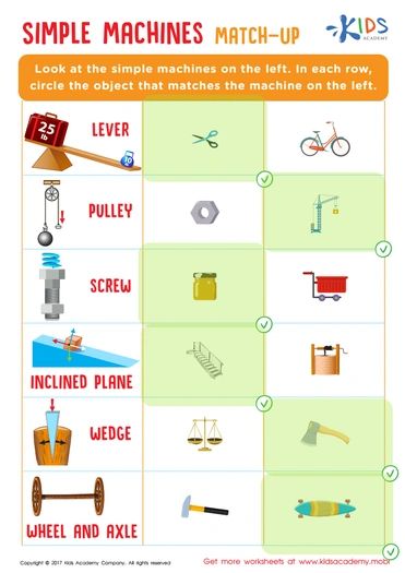 Simple Machines Worksheet: Free PDF Printout for Kids - Answers and Completion Rate Simple Machines Unit, Simple Machines Activities, Simple Machine Projects, Fun Printable Activities, Pulleys And Gears, Physical Properties Of Matter, Human Body Worksheets, Matter Worksheets, Simple Machine