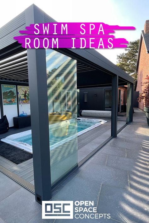 swim spa room ideas Enclosed Swim Spa, Swim Spas, Swim Spa Backyard Ideas, Large Swim Spa, Patio Gym, Outdoor Swim Spa, Spa Room Ideas, Backyard Spa, Swimming Pool Enclosures