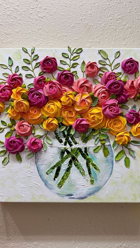 Fake Flowers On Canvas, Impasto Painting Ideas, 3d Paint Flowers, Easy Texture Painting, Textured Flower Art, Impasto Flowers, Roses In Vase, Flower Bouquet Drawing, Acrylic Art Projects