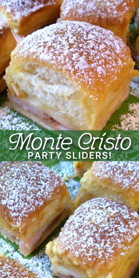 The ORIGINAL RECIPE for party appetizer sandwiches made with Kings Hawaiian rolls, ham, turkey and cheese baked in a rich buttery topping, dusted with powdered sugar just like the classic Monte Cristo sandwich! Easy Monte Cristo Sliders, Ham Monte Cristo Skewers, Dinner Roll Sandwiches Kings Hawaiian, Sandwich With Hawaiian Rolls, Baked Monte Cristo Sandwich, Monte Cristo Roll Ups, Hawian Roll Recipe Ideas, Hawaiian Bread Recipes Sandwiches, Monte Cristo Sandwich Sliders