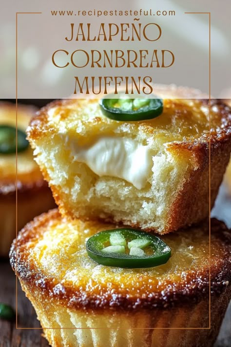 These Jalapeño Cornbread Muffins are a delightful twist on classic cornbread. Each muffin features a creamy, tangy cream cheese filling that complements the spicy kick of jalapeños and the sweetness of corn, making them a perfect side dish or snack. Muffins With Cream Cheese Filling, Cornbread Fritters, Sweet Cornbread Muffins, Spicy Cornbread, Classic Cornbread, Muffins With Cream Cheese, Cornbread Muffins Recipe, Cornmeal Muffins, Cream Cheese Corn