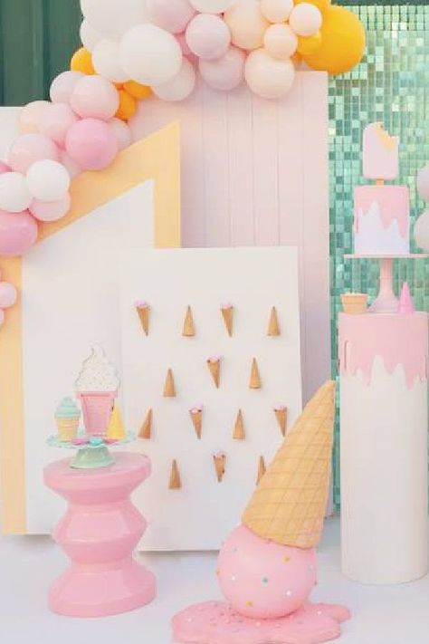 Take a look at this fun ice cream-themed birthday party! The party decorations are fabulous! See more party ideas and share yours at CatchMyParty.com Ice Cream Party Backdrop, Ice Cream Backdrop, Summer Ice Cream Party, Summer Party Planning, Ice Cream Party Decorations, Cream Birthday Party, Summer Party Themes, Boy Birthday Party Themes, Ice Cream Birthday Party