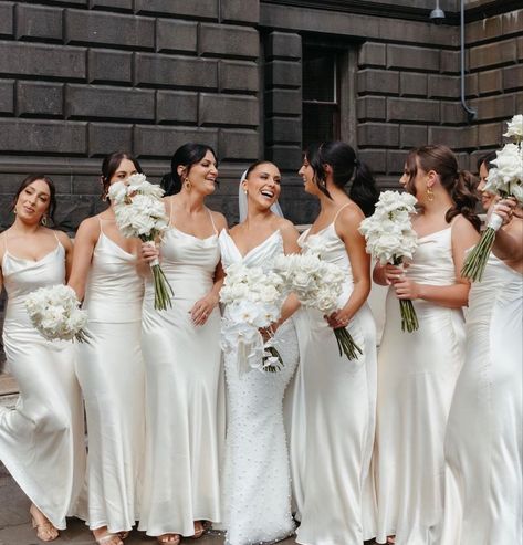 White Brides Maid Dress, Bridesmaid Dresses All White, All White Wedding Bridesmaid Dress, White Silk Bridesmaid Dresses, Off White Bridesmaid Dresses Ivory, All White Bridal Party Bridesmaids, White Bridesmaid Dresses With Bride, White Satin Bridesmaid Dresses, Bridesmaids In White Dresses