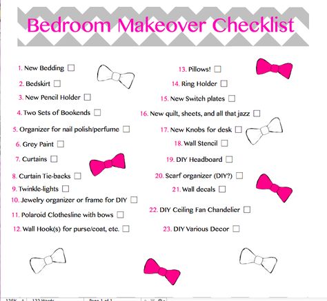 Bedroom Makeover Checklist! Bedroom Checklist Decor, Bedroom Needs Checklist, Bedroom Decor Shopping List, New Bedroom Checklist, Room Makeover Checklist, Bedroom Makeover Checklist, Checklist For Painting A Room, Cleaning To Do List Bedroom, Bedroom Cleaning Checklist For Teens