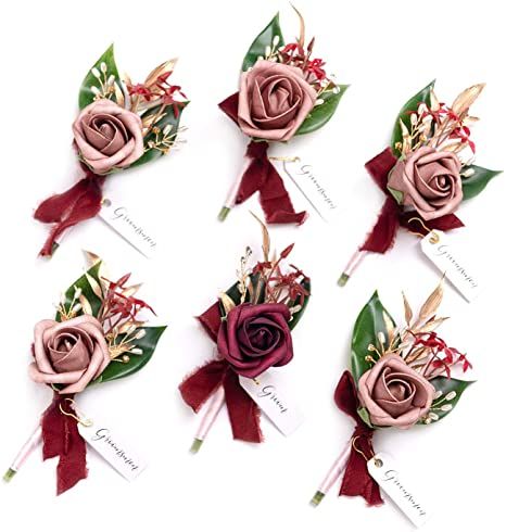 Amazon.com: Ling's moment Marsala Boutonniere for Men Wedding with Pins, Set of 6, Groom and Best Man Boutonniere for Wedding Ceremony Anniversary, Formal Dinner Party and French Rustic Fall Vintage Wedding : Home & Kitchen Wedding Ceremony Chairs, Blue Boutonniere, Boutonnieres Prom, Groomsmen Boutonniere, Prom Flowers, Groom Groomsmen, Emerald Wedding, Diy Wedding Bouquet, Foam Roses