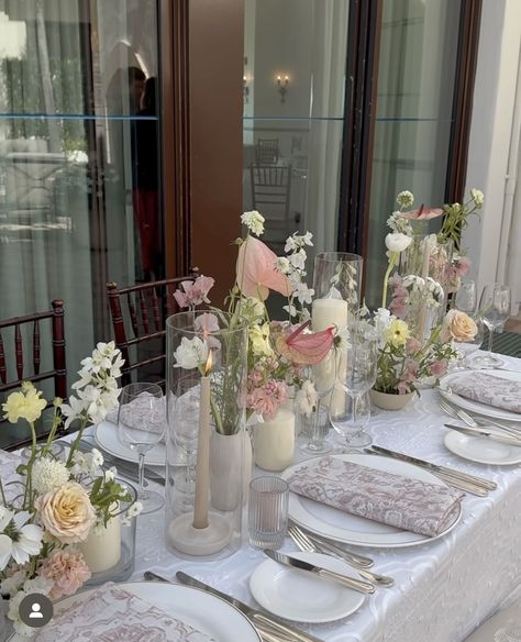 Hoco Table Decorations, Sage And Pink Table Setting, Floral Plates Table Setting, Bridal Shower Garden Party Theme, Pink Green And White Wedding Table Settings, Classy Table Decor, Pastel Floral Table Decor, Pastel Flowers Table Setting, Pink Floral Table Setting