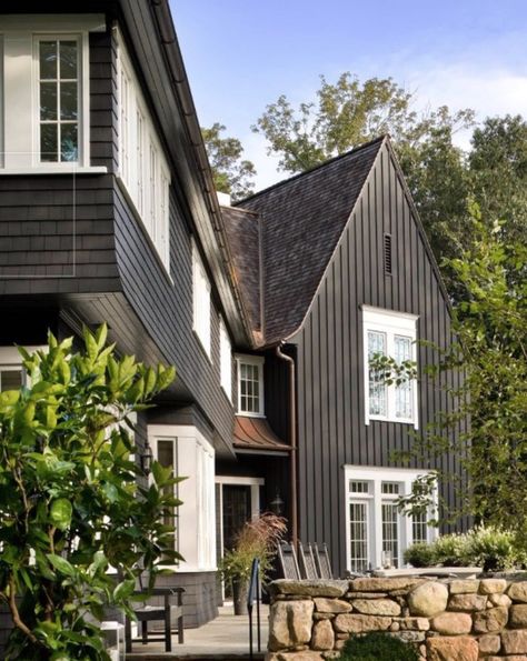 Green Siding, Board And Batten Exterior, Black Houses, Vertical Siding, Exterior Design Ideas, Grey Houses, Grey Exterior, Modern Farmhouse Exterior, White Windows