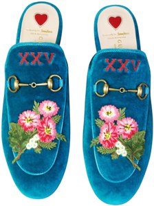 Gucci Shoes on Sale up to 70% off at Tradesy (Page 3) Designer Shoes Women, Gucci Princetown, Velvet Mules, Gucci Floral, Teal Velvet, Shoes Gucci, Floral Embroidery Patterns, Gucci Mules, Gucci Shoes