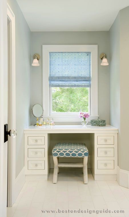 Lou Lou’s Decor | Interior Design and Decorating in Rhode Island | Boston Design Guide Built In Vanity, Make Up Studio, House Of Turquoise, Dormer Windows, White Vanity, Beauty Room, White Bathroom, Portsmouth, Makeup Vanity