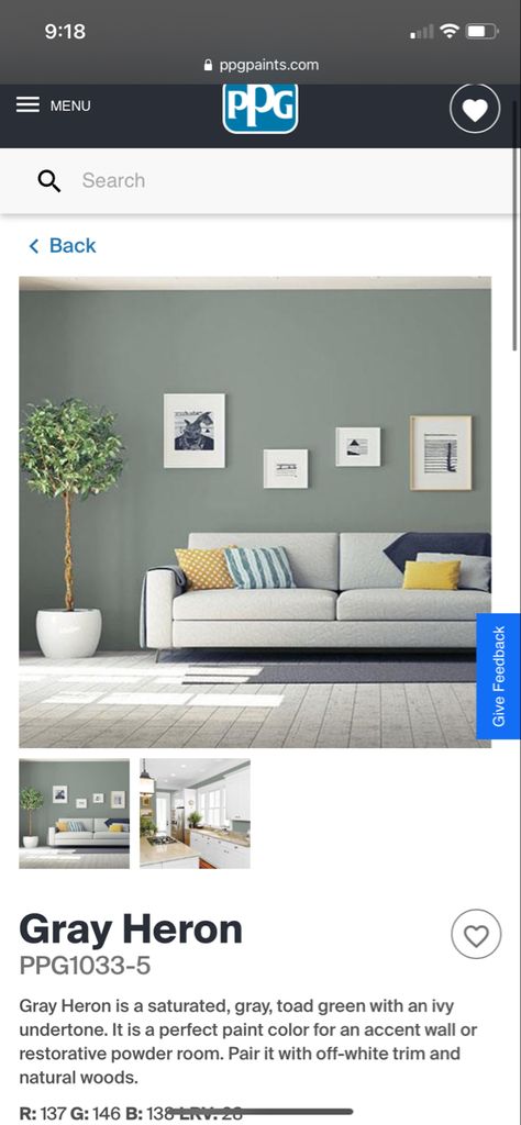 Gray Heron, Ivy Wall, Ppg Paint, Grey Heron, Perfect Paint Color, White Trim, Farm Fresh, Paint Color, Outdoor Sofa