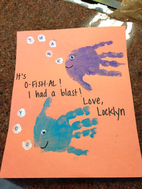 Handprint Fish Thank You Card 2014 Thank You Handprint Cards, Daycare Thank You Card, Thank You Handprint Art, Handprint Thank You Card, Handprint Fish, Swim Teacher Gifts, Swim Teacher, Handprint Cards, Handmade Teacher Gifts