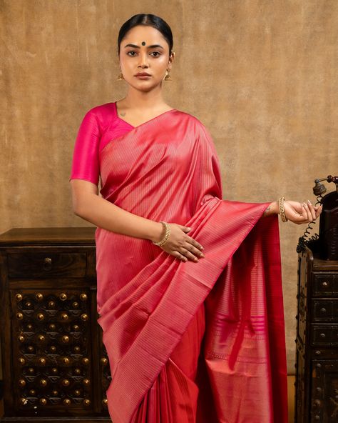 Featuring the elegant reddish pink zari stripes brocade Kanchipuram silk saree in a chic borderless design, highlighting its enduring beauty. Saree code: CL3549 Indulge in an unparalleled shopping experience by visiting our esteemed store in Alwarpet, Chennai. You can also schedule a video call with us at +91 9962677777. Immerse yourself in a wide array of stunning collections or conveniently shop online through our website, www.cliosilks.com. #kanchipuramsilksaree #indianhandloom #weavesoft... Kanchipuram Silk Saree, Kanchipuram Saree, Video Call, Saree Look, Chennai, Silk Saree, A Video, Silk Sarees, Highlights