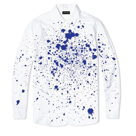 Spots And Spills On Fabric, Rugs, Clothes: If You Can’t Beat’em, Join’em Street Chicken, Paint Splatter Shirt, Spilled Wine, White Shirt Dress, Paint Splatter, Blue Paint, A Pattern, Surface Design, White Shirt