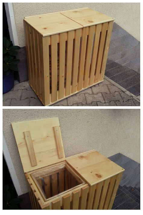 Indoor Recycling Bins, Recycling Bin Storage, Wood Bin, Wooden Bins, Recycling Storage, Recycling Station, Diy Wood Projects Furniture, Diy Pallet Projects, Garden Trellis