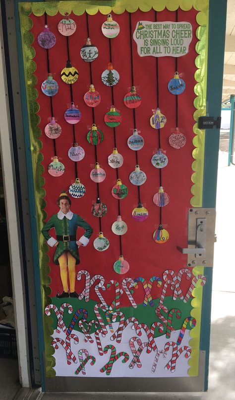 Elf Movie Door Decorating Contest, Simple Christmas Classroom Door Ideas, Elf Movie Classroom Door, Buddy The Elf Classroom Decorations, Elf Movie Christmas Decorations, Elf Movie Decorations, Elf Door Decoration, Christmas Door Decorations For School, Elf Classroom